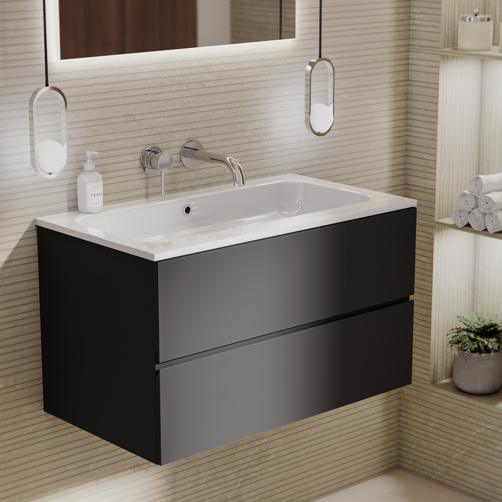 Product lifestyle image of Zero Matt Black 800mm Double Drawer Wall Hung Vanity Unit and 0TH Gloss White Basin 1042-BL1167C-L049K